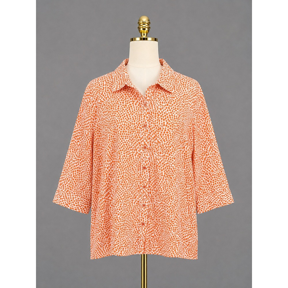 Denim & Co Button Up Shirt XL Orange Pebble Print 3/4 Sleeve Cotton Stretch
